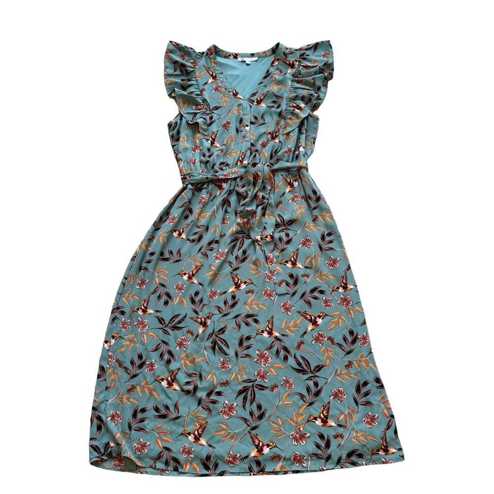 DR2 Teal Floral Midi Dress with Rust and Black Accents